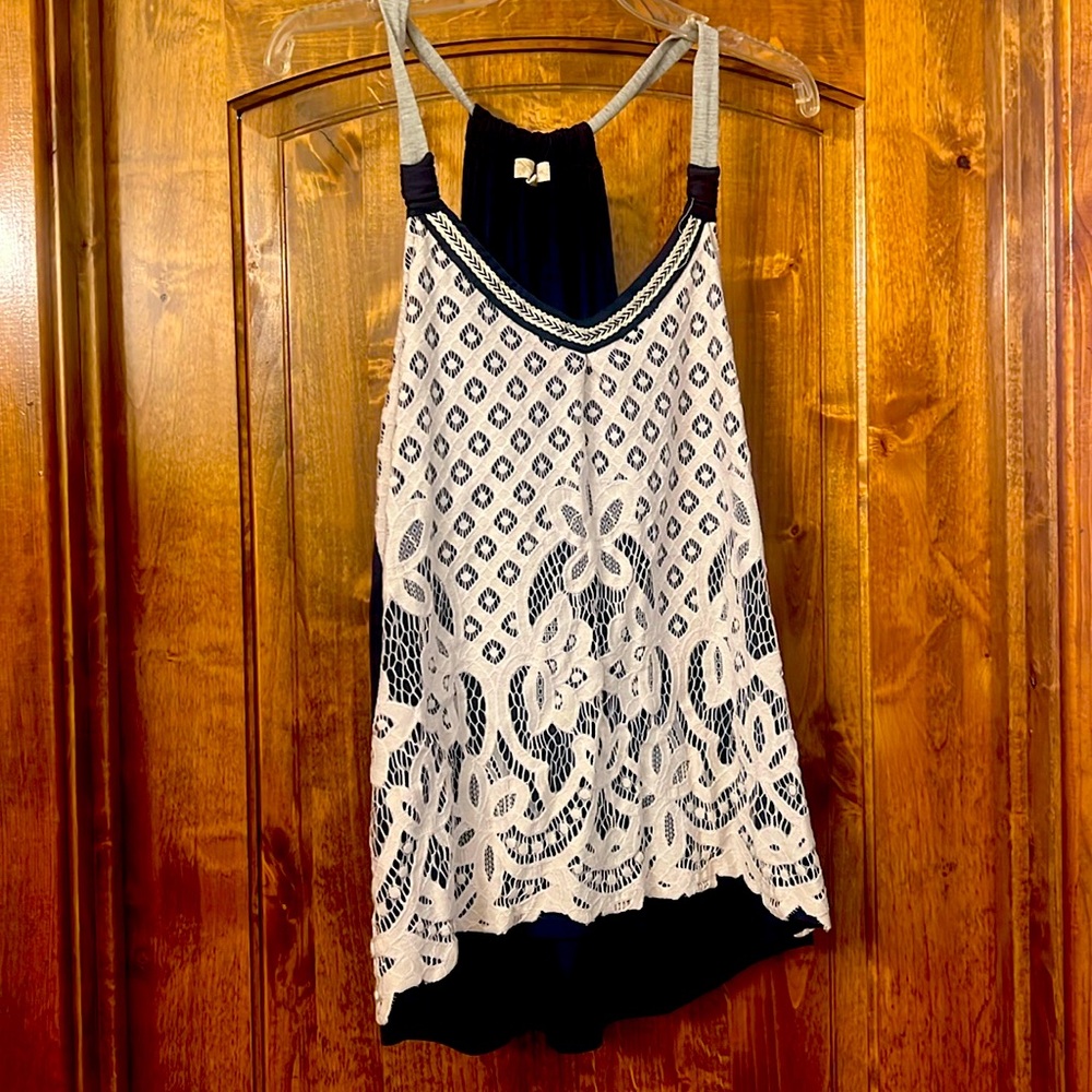 Rewind Navy Tank with White Crochet Overlay and Gray Straps